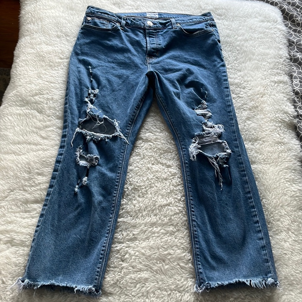 Hudson Riley Luxe Crop Relaxed Straight Raw Hem Button Fly Distressed Jeans 32 - Picture 3 of 15